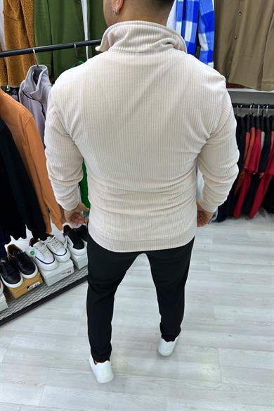 Krem Kadife Fitilli Kumaş Yarım Fermuar Kanguru Cep Sweat