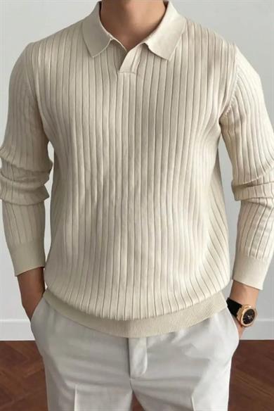 Krem Slim Fit Erkek Polo Yaka Fitilli Triko