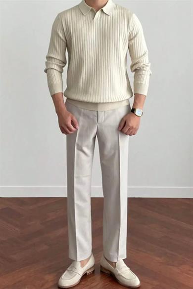 Krem Slim Fit Erkek Polo Yaka Fitilli Triko
