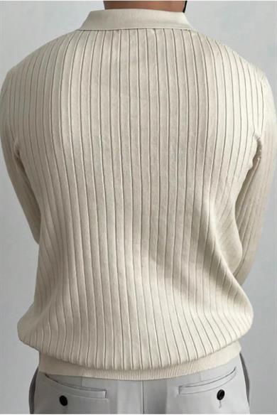Krem Slim Fit Erkek Polo Yaka Fitilli Triko