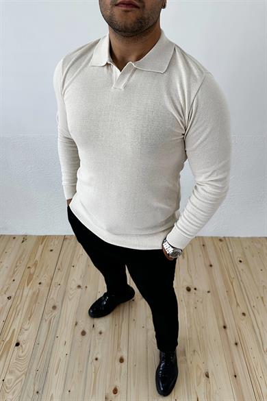 Krem Slim Fit Polo Yaka Triko Kazak