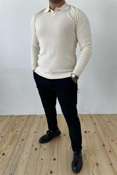Krem Slim Fit Polo Yaka Triko Kazak