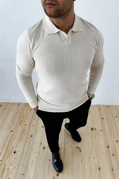 Krem Slim Fit Polo Yaka Triko Kazak