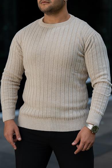 Krem Tüylenme Yapmayan Slim Fit Desenli Triko Kazak