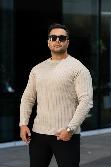 Krem Tüylenme Yapmayan Slim Fit Desenli Triko Kazak