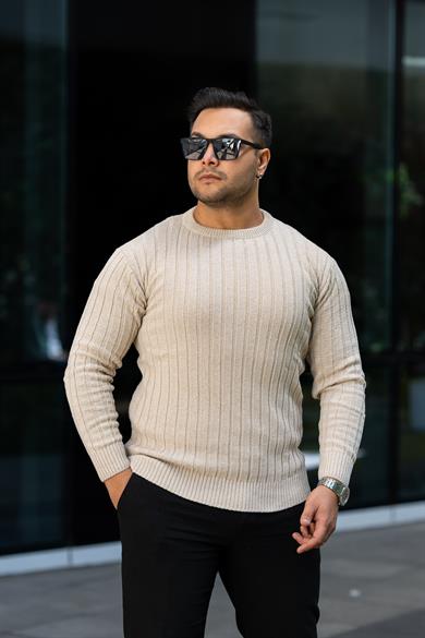 Krem Tüylenme Yapmayan Slim Fit Desenli Triko Kazak