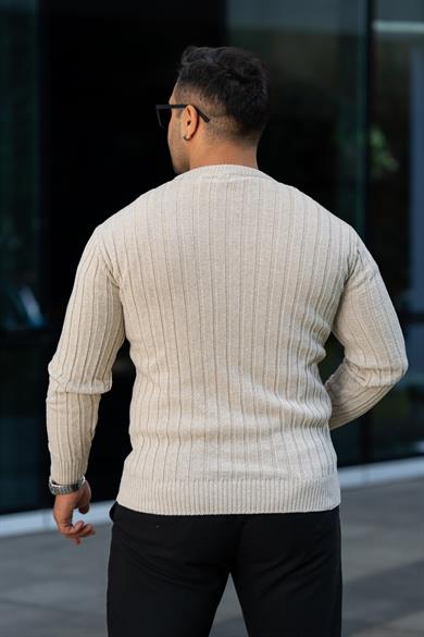 Krem Tüylenme Yapmayan Slim Fit Desenli Triko Kazak