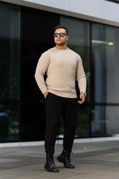 Krem Tüylenme Yapmayan Slim Fit Desenli Triko Kazak