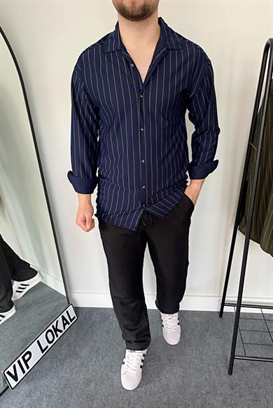 Lacivert Çizgili Krep Kumaş Likralı Gömlek