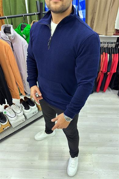 Lacivert Kadife Fitilli Kumaş Yarım Fermuar Kanguru Cep Sweat