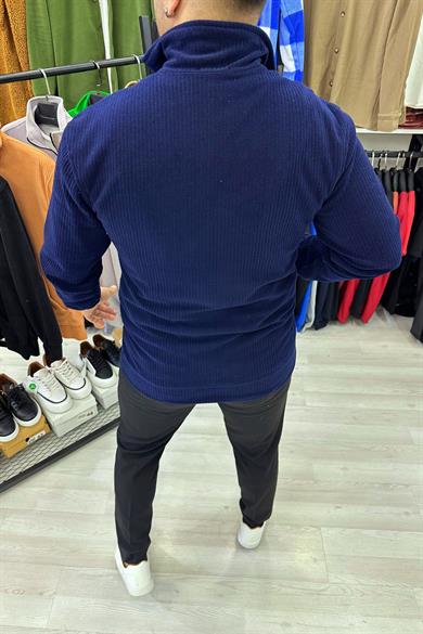 Lacivert Kadife Fitilli Kumaş Yarım Fermuar Kanguru Cep Sweat