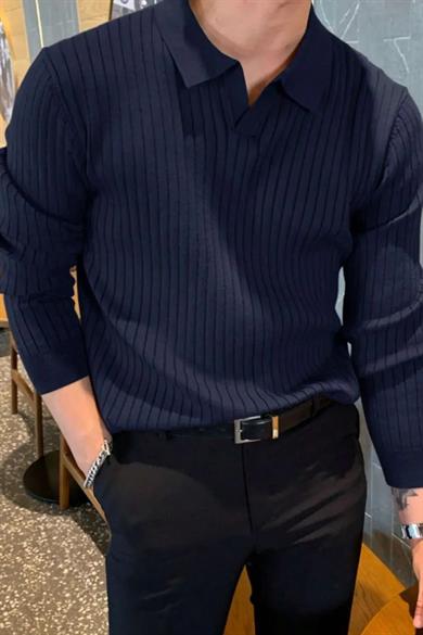 Lacivert Slim Fit Erkek Polo Yaka Fitilli Triko