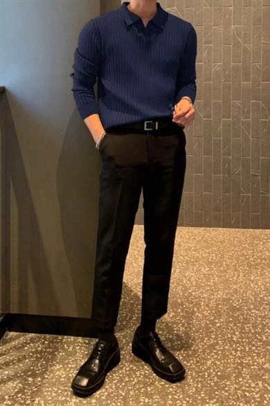 Lacivert Slim Fit Erkek Polo Yaka Fitilli Triko
