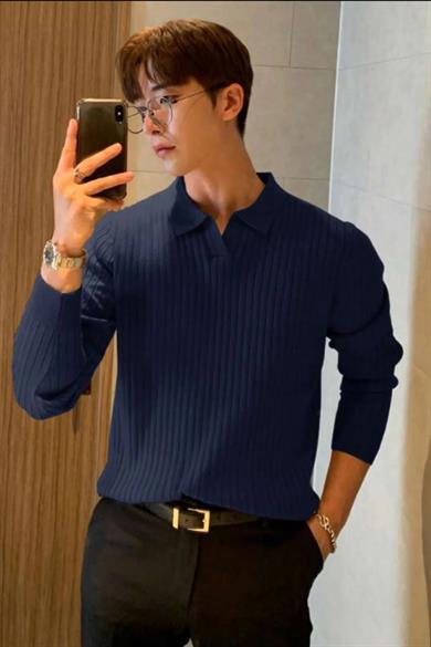 Lacivert Slim Fit Erkek Polo Yaka Fitilli Triko