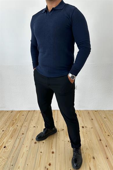 Lacivert Slim Fit Polo Yaka Triko Kazak