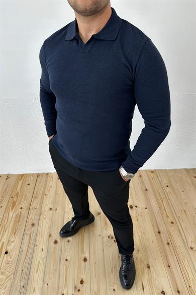 Lacivert Slim Fit Polo Yaka Triko Kazak