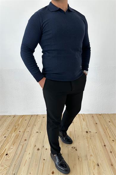 Lacivert Slim Fit Polo Yaka Triko Kazak