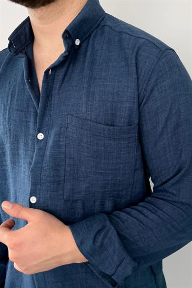 Lacivert Tek Cep Keten Gömlek