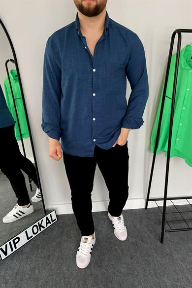 Lacivert Tek Cep Keten Gömlek