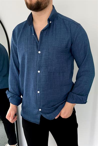 Lacivert Tek Cep Keten Gömlek