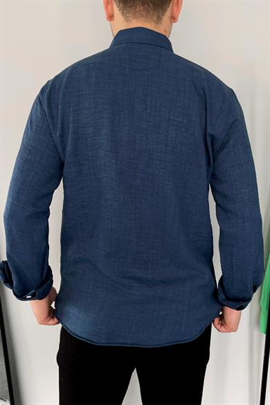 Lacivert Tek Cep Keten Gömlek