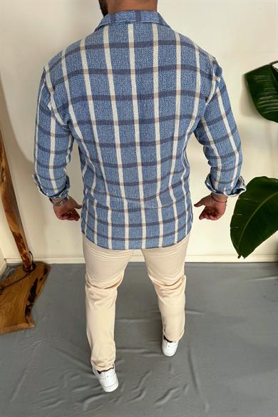 Mavi %100 Ham Keten Pamuk Ekose Oversize Gömlek