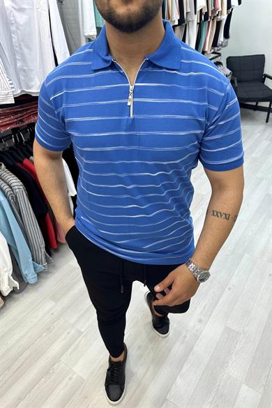 Mavi Çizgili Slim fit Polo Yaka Tshirt