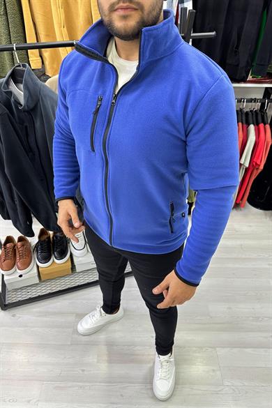 Mavi Tam Fermuarlı Polar Ceket
