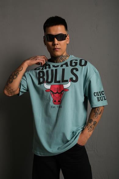 Mint Mavi Chicago Bulls Baskılı Oversize Basic Tshirt