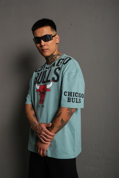 Mint Mavi Chicago Bulls Baskılı Oversize Basic Tshirt