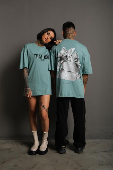 Mint Mavi Dolar Baskılı Oversize Basic Tshirt