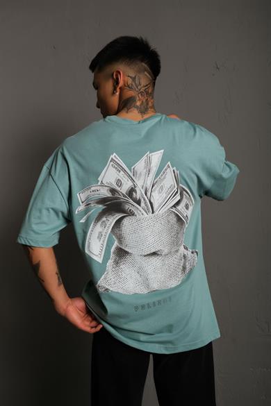 Mint Mavi Dolar Baskılı Oversize Basic Tshirt