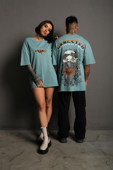 Mint Mavi Gangster Paradise Baskılı Oversize Basic Tshirt