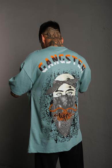 Mint Mavi Gangster Paradise Baskılı Oversize Basic Tshirt
