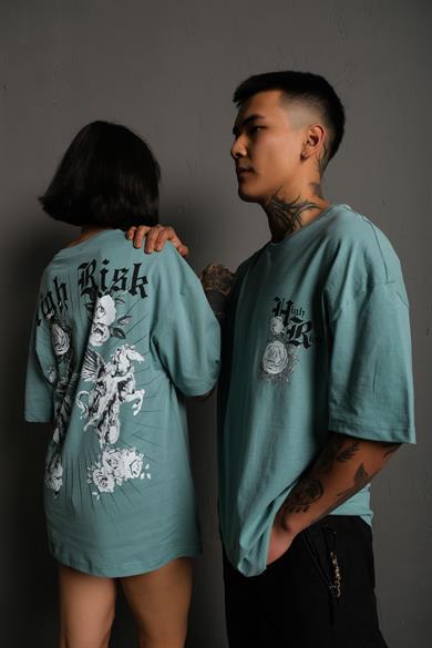 Mint Mavi High Risk Baskılı Oversize Basic Tshirt