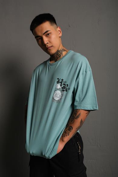 Mint Mavi High Risk Baskılı Oversize Basic Tshirt