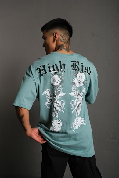 Mint Mavi High Risk Baskılı Oversize Basic Tshirt