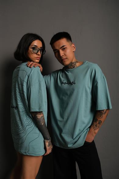 Mint Mavi Polizei Baskılı Oversize Basic Tshirt
