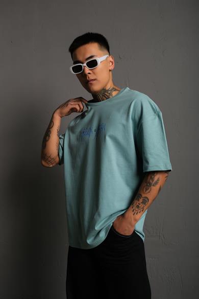 Mint Mavi Ritual Mavi Yıldırım Baskılı Oversize Basic Tshirt