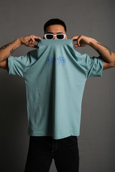 Mint Mavi Ritual Mavi Yıldırım Baskılı Oversize Basic Tshirt