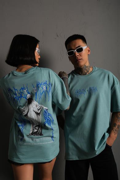 Mint Mavi Ritual Mavi Yıldırım Baskılı Oversize Basic Tshirt