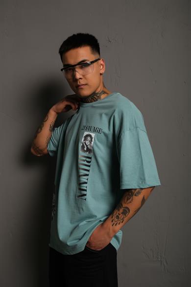 Mint Mavi Savage Baskılı Oversize Basic Tshirt