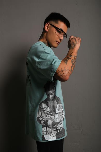 Mint Mavi Savage Baskılı Oversize Basic Tshirt
