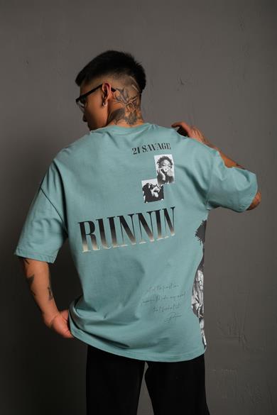 Mint Mavi Savage Baskılı Oversize Basic Tshirt