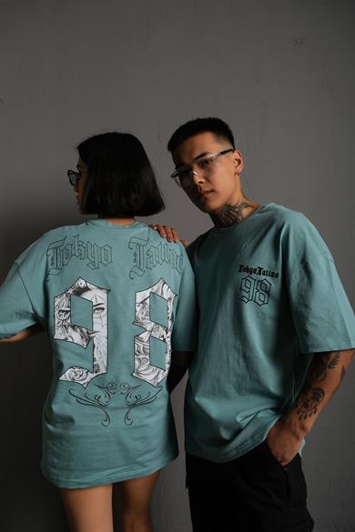 Mint Mavi Tokyo 98 Baskılı Oversize Basic Tshirt