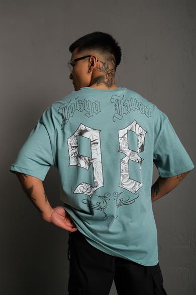 Mint Mavi Tokyo 98 Baskılı Oversize Basic Tshirt