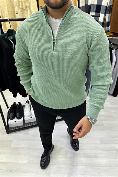 Mint Yeşil Fermuarlı Triko Kazak
