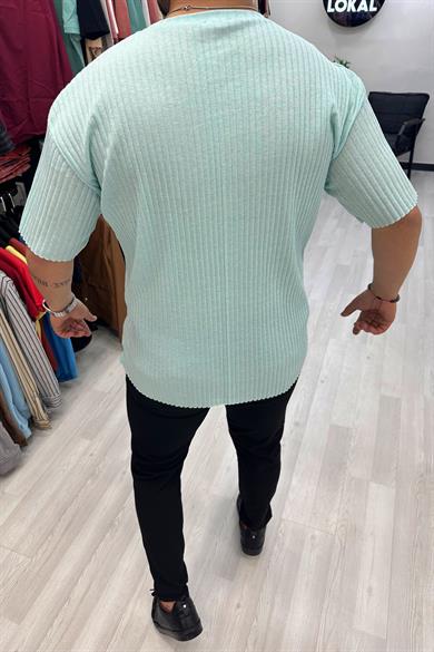 Mint Yeşil Oversize Fitilli Triko Tshirt