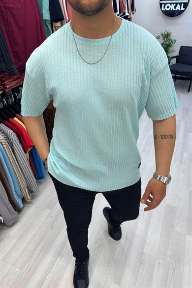 Mint Yeşil Oversize Fitilli Triko Tshirt