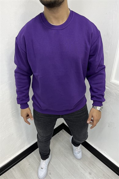 Mor 3 İplik Şardonlu Oversize Sweatshirt